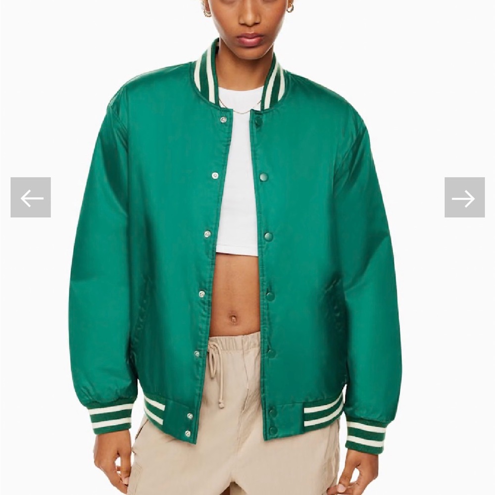 Aritzia TNA Teal Green Bomber Jacket with White Stripe Trim